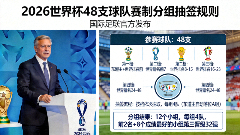 国际足联官员宣布2026世界杯48支球队赛制分组抽签规则示意图